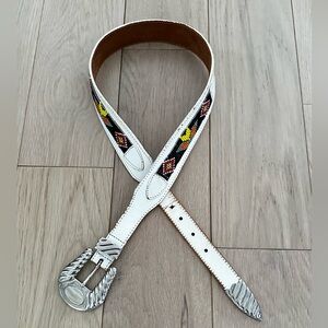 Vintage Indian Mexican silver buckle white leather beaded belt